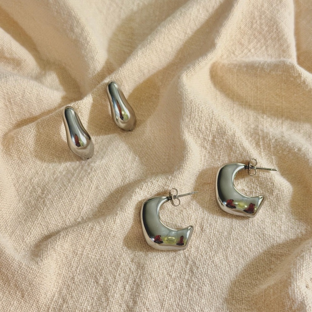 Women’s Silver Puffy Open Square Hoop Trendy Statement Hypoallergenic Earrings